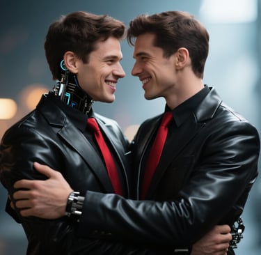 two men in a suit and tie hugging each other 