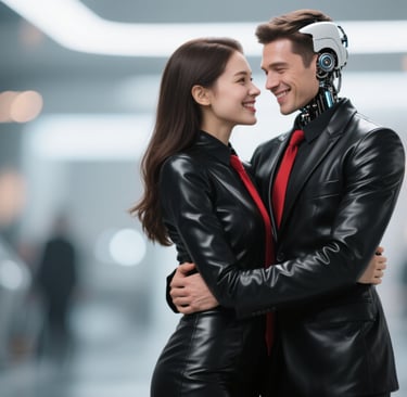 a man and a woman in a suit and tie hugging each other 