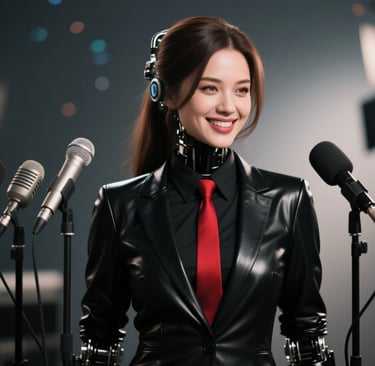 a woman in a black leather jacket and red tie several mics in front of her