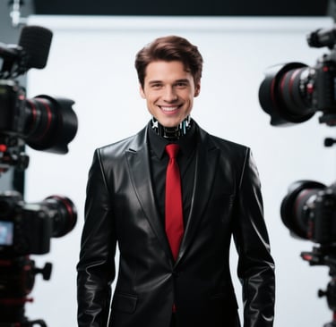 a man in a black leather suit and red tie several cameras aimed at him