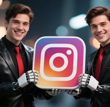 two men in suits and ties holding an Instagram logo