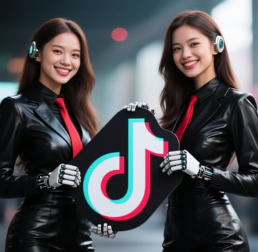 two women in black leather jackets red ties holding a tiktok logo
