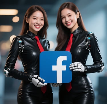 two women in black leather suits red tie holding a facebook logo