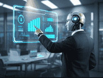 ai male robot business suits working on financial holograms.