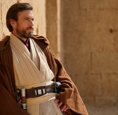 a man in a robe and a rober with a belt