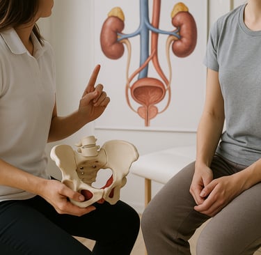 Fisioterapeuta explicando los riesgos del stop pipí en una consulta sobre suelo pélvico