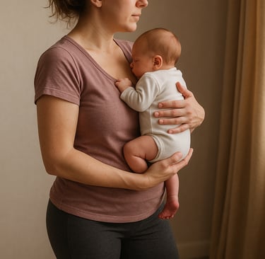Mujer en posparto sosteniendo a su bebé con postura correcta, espalda erguida y bebé a la altura del