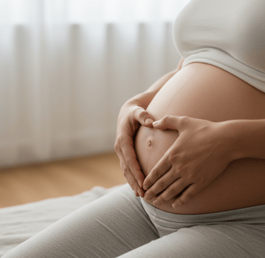 Detalle de manos sobre vientre gestante simbolizando la conexión y el cuidado en la fisioterapia