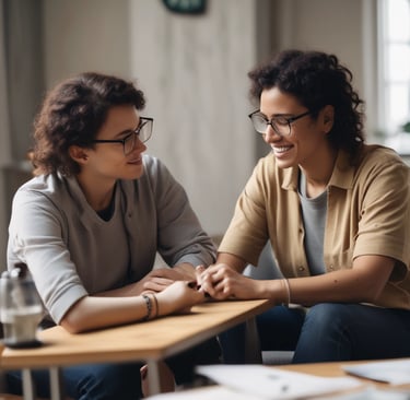 A classroom setting with several people seated at long tables with laptops and papers, attending a presentation or workshop. A presenter is standing to the right of the image, engaging with the audience. The room is well-lit, with a large banner on the wall displaying the topic 'Student Question in the Contemporary Classroom'. Various items such as flowers, cups, and boxes are placed on the tables.