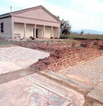 A Roman mosaic at the Mediana Archaeological site near Nis, Serbia on a sunny day.