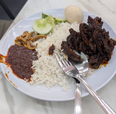 Nasi Lemak plate with beef lungs, spicy sambal, fried anchovies, egg, and cucumber on white rice.