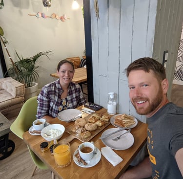 Don and Samantha eatting breakfast at the Blue Bottle Bouqet  Hotel Thessaloniki, Greece