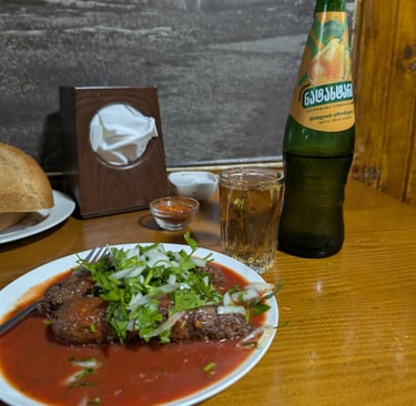 beef kebaba and lemonade from Bikentia's Kebabery ბიკენტიას საქაბაბე in Kutaisi Georgia