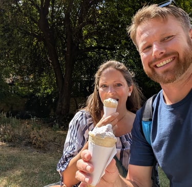 Don and Samantha eatting Geloto from in Corvin Ter park from Corvin Kavezo in Budapest Hungary