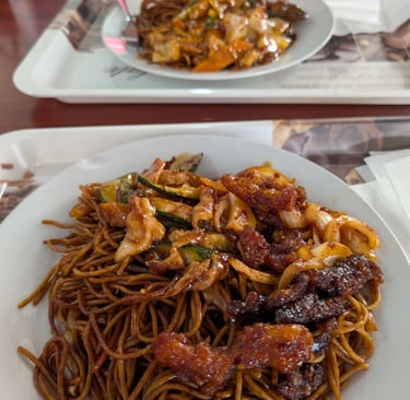 delicious lo mein with General tso's chicken in Budapest Hungary