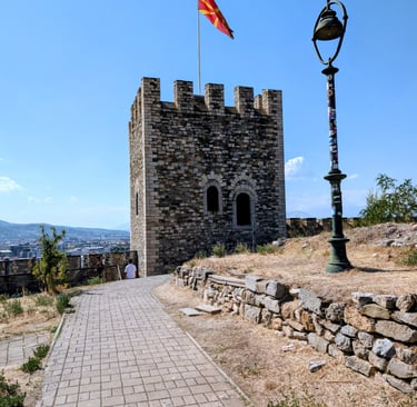 tower with a North Macedonian fleg at Skopje Fortress in Skopje North Macedonia 