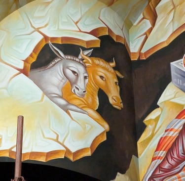 painting of a donky and a cow on the wall of Cathedral of St. Clement in Skopje North Macedonia 