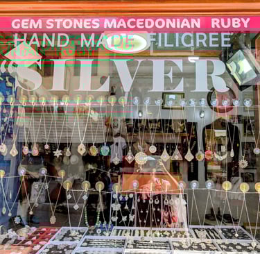 Jewelry in a display windowTako Mako Handmade Silver Jewelry in Skopje North Macedonia 