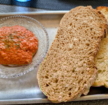 fresh bread and tomato sauce apatizers in Thessaloniki greece