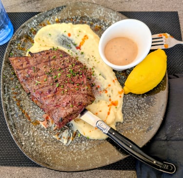 Veal liver over mashed potatoes in Thessaloniki greece