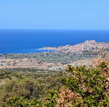 View of the coast of Lesbos from a mountain highway in Skala Sikamineas Greece