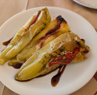 green peepers stuffed with cheese from the Octopus Restaurant in Mithymna, Greece