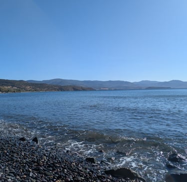the rocky shore and blue water of the Aegean Sea at Paralia Molivos beach in Petra, Greece