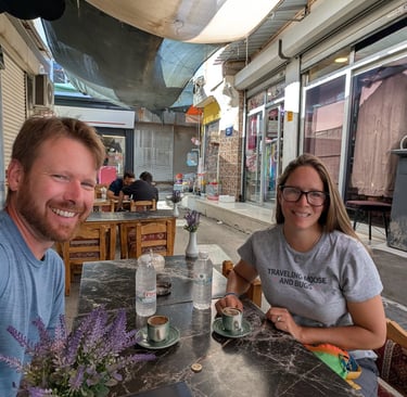 Don and Samantha drinking espresso in an ally in Izmir, Turkey Turkey 