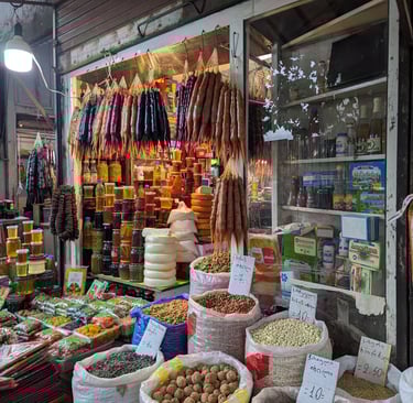 churchkhela, beans, honey and spices from Dezerter Bazaar in Tbilisi Georgia 