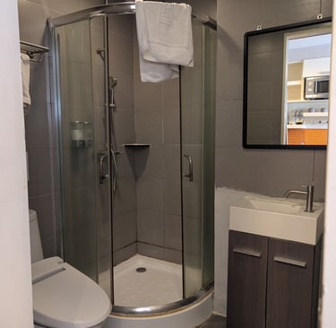 Modern compact bathroom featuring a corner glass shower, white toilet, and dark wood vanity with a square sink.