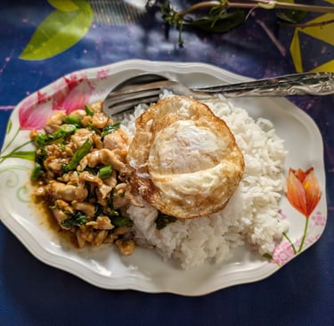Authentic Thai basil chicken stir-fry served with steamed white rice and a crispy fried egg.