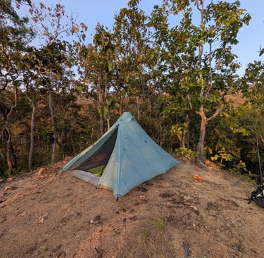 a tent on a dry ridge in Huai Nam Dang National Park in Thailand