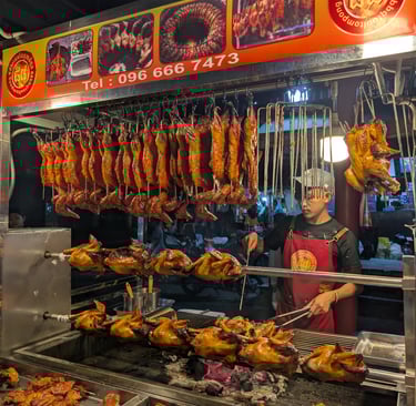 charcoal grilled rotisserie chickens in Phnom Penh, Cambodia