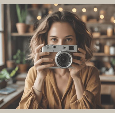 Woman with camera as a symbol of visibility – authentic marketing without pressure, also possible faceless or without a camer