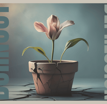 Symbolic image burnout vs. depression: Flower growing in cracked flowerpot, representing emotional exhaustion and hope for he