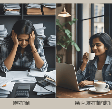 Two-part image: On the left, an exhausted woman in an office with a stack of papers symbolizing overload; on the right, a rel