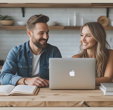 Young couple smiling as they work on their laptop at the kitchen table, symbolizing a new beginning, creating an online cours