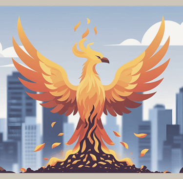 Phoenix rises from the ashes in front of the skyline – a symbol of courage, renewal, and a fresh start after burnout.