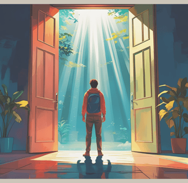 Symbolic image: Person with backpack standing in front of wide-open doors in sunlight – representing the courage to change an