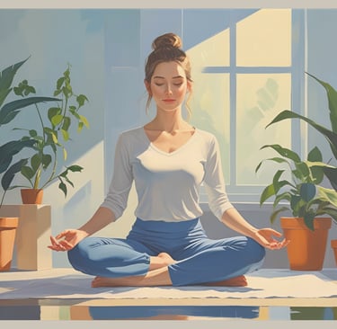Woman meditates in the sunshine among houseplants – gradually regaining energy through mindfulness and tranquility.