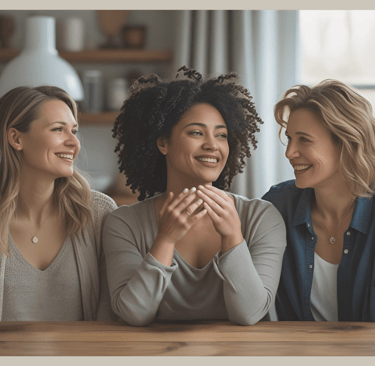 Three women conversing at a table—a trusting exchange about burnout, self-care, and paths to a free, self-determined life.