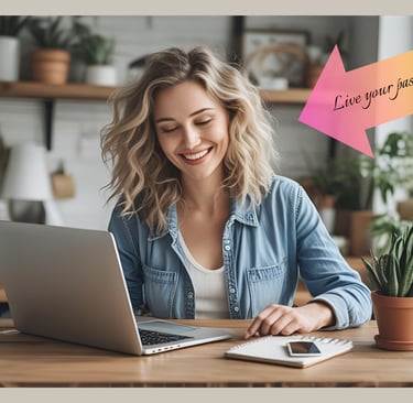 Radiant woman working on her laptop in her home office, inspired by her passion – live your passion in your own business.