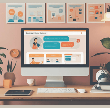 Modern workplace with computer displaying “Starting an Online Business” – visual representation of starting your own online b