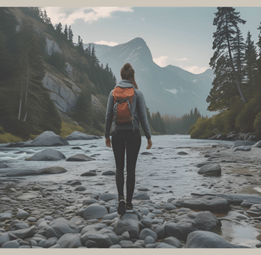 Woman with backpack hiking alone through river landscape in the mountains – symbol of new beginnings, self-empowerment, and t