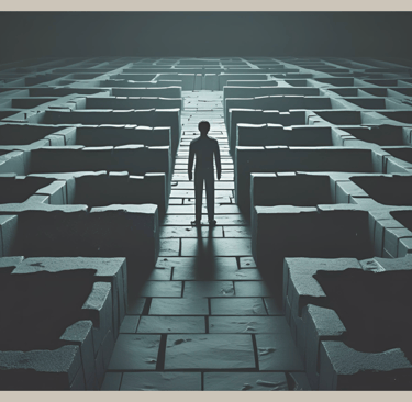 A person stands at the entrance to a labyrinth, symbolizing the thought loops and mental traps that keep people trapped in bu