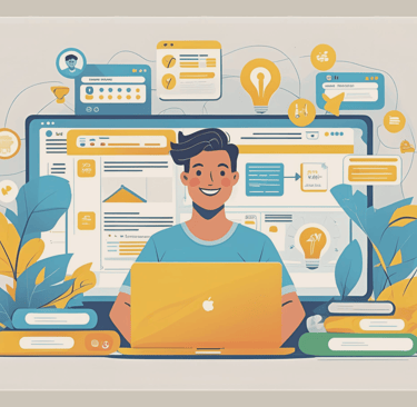 Illustration of a young man at a laptop, surrounded by symbols of technology, automation, and efficiency—a symbol of time sav