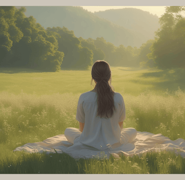 Woman sitting relaxed on a meadow at sunset, surrounded by nature – symbol of mindfulness, slowing down, and healing from bur