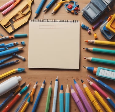 A table displaying various stationery items, including notebooks, a wooden box, papers, a paper camera model, and some decorative items. The surface is illuminated brightly while a shadowed area beneath reveals a trash bin and an electrical outlet with multiple plugs.