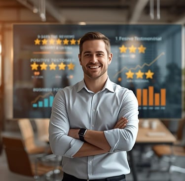 Business owner viewing positive customer reviews and ratings dashboard