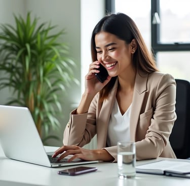 a woman in a suit and smiling while talking on her phone